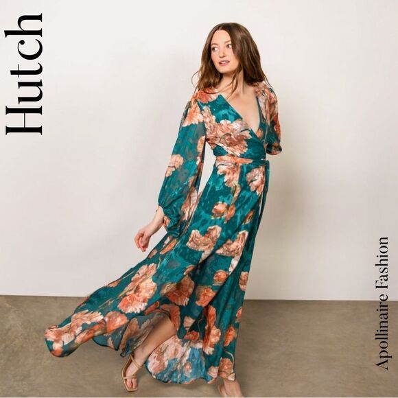 HUTCH FOR ANTHROPOLOGIE LINDIE WRAP MAXI DRESS LARGE PETITE FLORAL GREEN COMBO - Picture 4 of 9